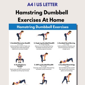 Könnte beinhalten: Ein Fitness-Leitfaden mit dem Titel "Hamstring Dumbbell Exercises At Home" im A4-Format. Der Leitfaden enthält sechs Hantelübungen mit Illustrationen, darunter Romanian Deadlifts und Glute Bridges. Jede Übung enthält Wiederholungszahlen.