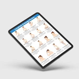 May include: A black tablet displaying a "Lymphatic Drainage Routine" guide. The guide features illustrations and instructions for various lymphatic drainage exercises, including neck strokes, collarbone pump, and facial jaw sweeps.