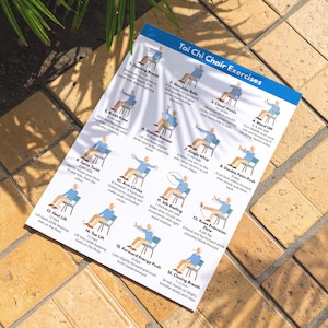 May include: A poster titled "Tai Chi Chair Exercises" displays 16 illustrated exercises. Each exercise is numbered and includes instructions. The illustrations show a person performing the exercises while seated. The poster is on a light background.