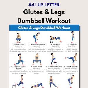 Op de afbeelding: Een trainingsgids voor billen en benen met dumbbell-oefeningen. De blauw-witte grafiek bevat illustraties en instructies voor goblet squats, Roemeense deadlifts, hip thrusts, calf raises, reverse lunges, sumo squats en glute kickbacks.