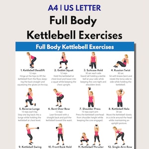 May include: A fitness guide titled "Full Body Kettlebell Exercises" with illustrations demonstrating various exercises, including deadlifts, squats, and lunges. The guide provides instructions and rep counts for each exercise, promoting a full-body workout routine.