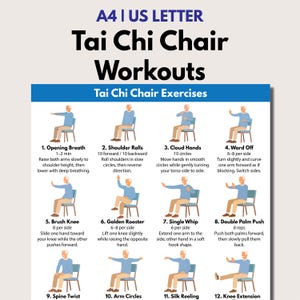 Può includere: Un poster intitolato "Tai Chi Chair Workouts" con illustrazioni di esercizi. Gli esercizi includono Opening Breath, Shoulder Rolls, Cloud Hands, Ward Off, Brush Knee, Golden Rooster, Single Whip, Double Palm Push, Spine Twist, Arm Circles, Silk Reeling e Knee Extension.