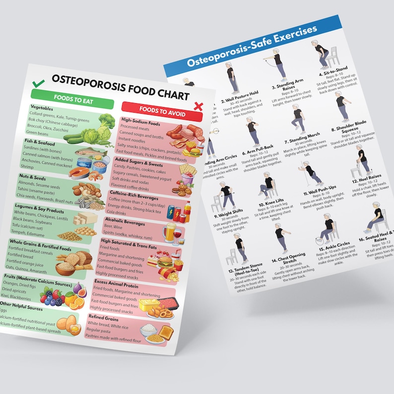 Osteoporosis Exercise & Food Charts for Seniors, Bone Health Workout ...