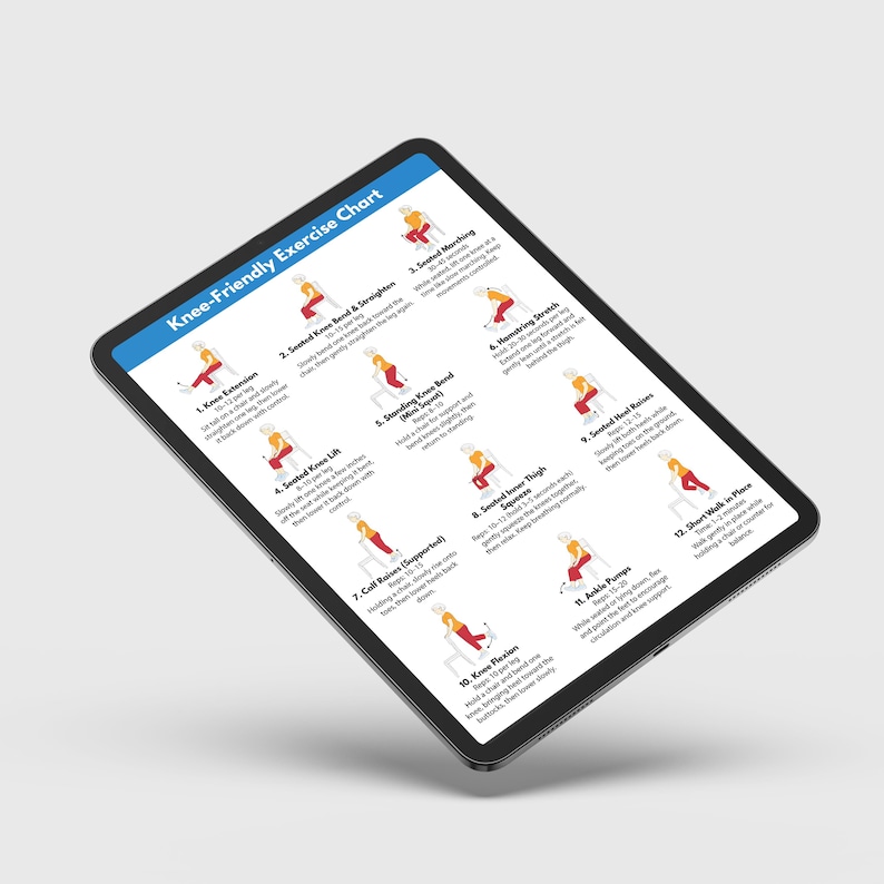 Pu&ograve; includere: Un tablet nero che mostra un "Grafico degli esercizi per le ginocchia". Il grafico presenta esercizi illustrati con istruzioni, tra cui estensioni del ginocchio, piegamenti del ginocchio da seduti e allungamenti dei muscoli posteriori della coscia. Il tablet &egrave; angolato.