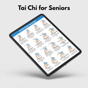 May include: A digital tablet displaying "Tai Chi Chair Exercises" for seniors. The screen shows illustrated exercises with numbered steps and descriptions. The tablet is black with a white background.