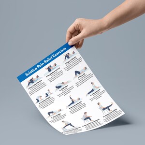 K&ouml;nnte beinhalten: Eine Hand h&auml;lt ein wei&szlig;es Papier mit der Aufschrift "Sciatica Pain Relief Exercises". Das Papier zeigt Illustrationen und Beschreibungen von Dehn&uuml;bungen wie Knee to Chest, Figure-4 und Cobra, die bei Ischiasschmerzen helfen sollen.