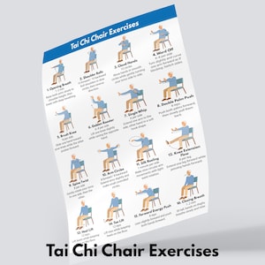 May include: A poster titled "Tai Chi Chair Exercises" features 16 illustrated exercises. Each exercise is numbered and includes a brief description and a stick figure demonstrating the movement. The poster is white with blue accents.