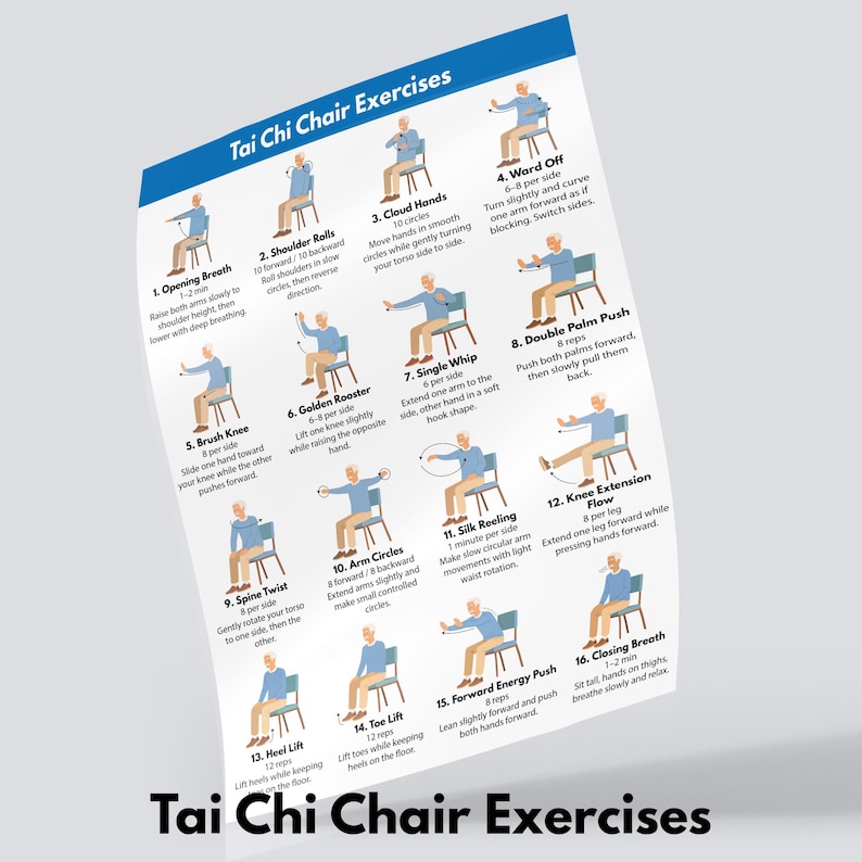 May include: A poster titled "Tai Chi Chair Exercises" features 16 illustrated exercises. Each exercise is numbered and includes a brief description and a stick figure demonstrating the movement. The poster is white with blue accents.