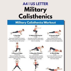 May include: A fitness infographic titled "Military Calisthenics Workout" with illustrations of exercises like push-ups, squats, and planks. The text includes exercise names, reps, and instructions. The layout is on a white background with blue and orange accents.