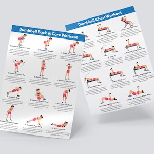 May include: Two white instructional posters titled Dumbbell Back & Core Workout and Dumbbell Chest Workout. Each poster features numbered illustrations of a person in pink athletic wear performing various exercises with dumbbells and text.