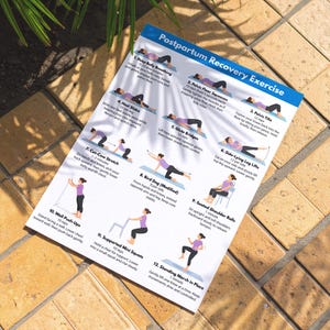 May include: A printed exercise chart for postpartum recovery. The chart features illustrations and instructions for various exercises, including deep belly breathing, pelvic floor squeezes, and heel slides. The chart is on a textured surface.
