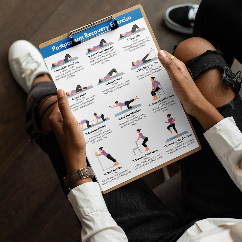 May include: A clipboard with a blue header that reads "Postpartum Recovery Exercise" is held by a person. The clipboard features illustrations and instructions for various exercises, including breathing, pelvic floor squeezes, and heel slides. The person is wearing a watch.