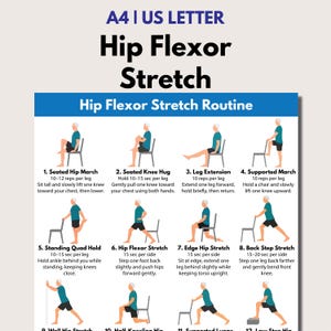 May include: A white instructional poster titled Hip Flexor Stretch with A4 and US Letter text. It features twelve numbered illustrations of a figure in a teal shirt and black shorts performing various stretches using a chair for support.