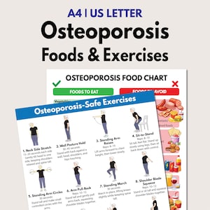 Osteoporosis Exercise & Food Charts for Seniors, Bone Health Workout Printable with Calcium Rich Diet