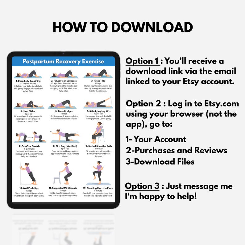Postpartum Recovery Exercises Printable, Postnatal Workout Chart, Pelvic Floor & Core Strength, Postpartum Exercise Plan image 6
