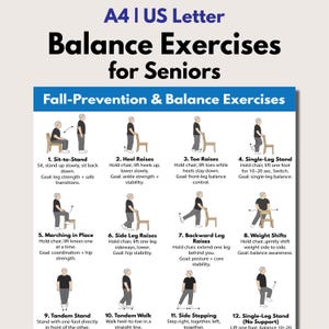 May include: A poster titled "Balance Exercises for Seniors" with illustrations of fall-prevention exercises. The exercises include sit-to-stand, heel raises, toe raises, single-leg stands, marching in place, side leg raises, backward leg raises, and weight shifts.