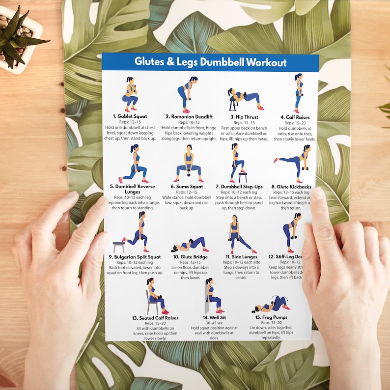 May include: A white informational poster titled Glutes & Legs Dumbbell Workout featuring fifteen numbered illustrations of exercise movements with instructions and repetition counts for each, including goblet squats, lunges, and hip thrusts.