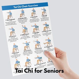 May include: A white instructional sheet titled "Tai Chi Chair Exercises" with illustrations of exercises for seniors. The sheet includes 16 exercises with descriptions, such as "Opening Breath" and "Shoulder Rolls". The text "Tai Chi for Seniors" is at the bottom.
