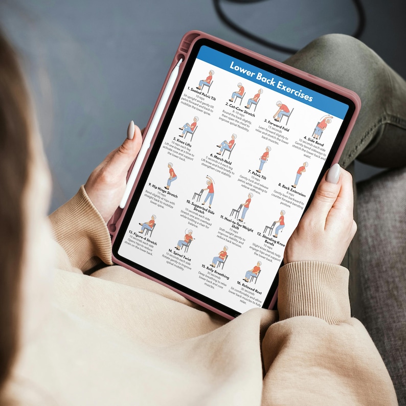 May include: A tablet with a pink case displays a guide titled "Lower Back Exercises." The guide features illustrated instructions for various exercises. A white stylus rests on the tablet's edge. The person holding the tablet is wearing a beige sweater.