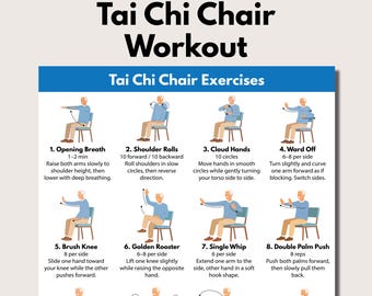 May include: A poster titled "Tai Chi Chair Workout" with illustrations of exercises. The exercises include Opening Breath, Shoulder Rolls, Cloud Hands, Ward Off, Brush Knee, Golden Rooster, Single Whip, and Double Palm Push. The poster is designed for chair-based Tai Chi.