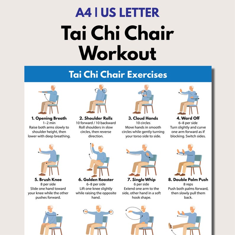 May include: A poster titled "Tai Chi Chair Workout" with illustrations of exercises. The exercises include Opening Breath, Shoulder Rolls, Cloud Hands, Ward Off, Brush Knee, Golden Rooster, Single Whip, and Double Palm Push. The poster is designed for chair-based Tai Chi.