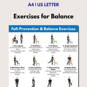 以下が含まれることがあります： Exercises for BalanceおよびFall-Prevention & Balance Exercisesと題された白い情報ポスター。椅子を使った動作を行う人物の8つの番号付きイラストが掲載されており、立ち上がり運動や踵上げ、つま先上げなどが含まれています。