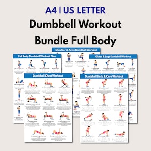 May include: A collection of A4 and US Letter size workout charts titled Dumbbell Workout Bundle Full Body. The sheets feature blue headers and detailed illustrations of individuals performing various dumbbell exercises with instructional text.