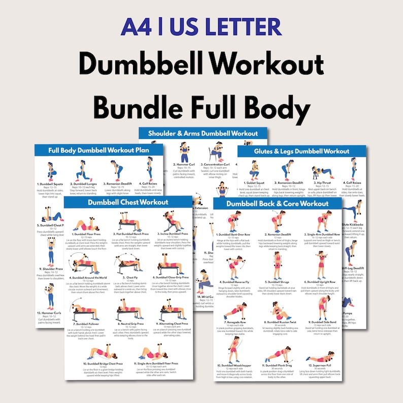 May include: A collection of A4 and US Letter size workout charts titled Dumbbell Workout Bundle Full Body. The sheets feature blue headers and detailed illustrations of individuals performing various dumbbell exercises with instructional text.