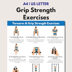 May include: An instructional poster titled Grip Strength Exercises featuring six numbered illustrations of exercises including dumbbell wrist curls, reverse wrist curls, hammer curls, farmer's carry, finger curls, and grip strength trainer squeezes.