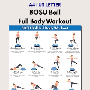 Könnte beinhalten: Ein Ganzkörper-Workout-Leitfaden mit Übungen mit einem BOSU-Ball. Das Poster zeigt Übungen wie Kniebeugen, Ausfallschritte und Liegestütze, mit Anweisungen und Wiederholungszahlen. Der Text oben lautet "BOSU Ball Full Body Workout".