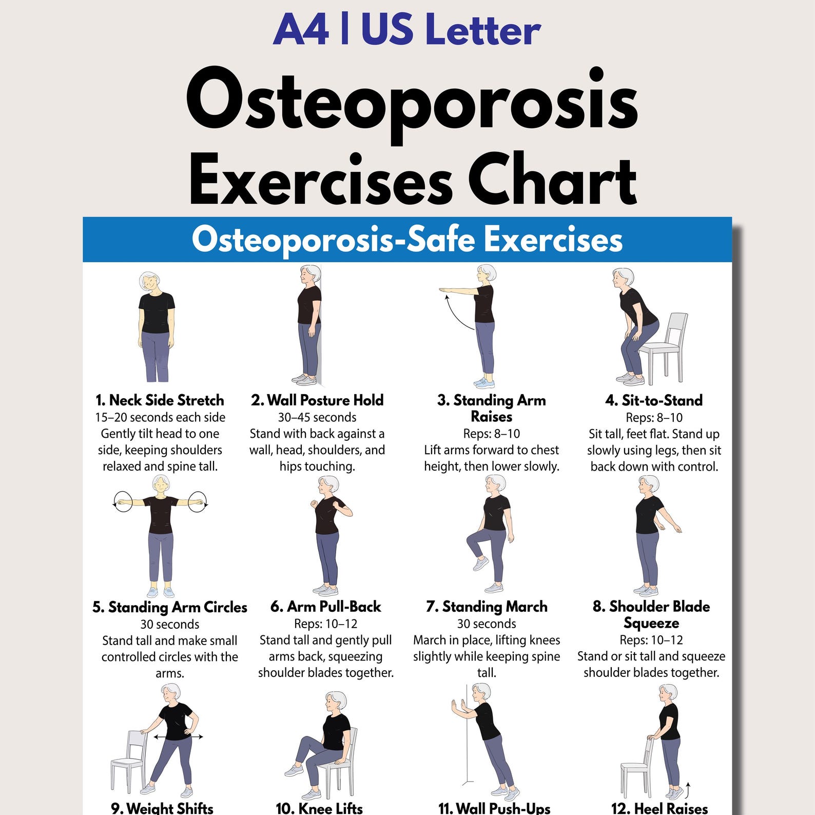 Osteoporosis Exercises PDF for Seniors, Bone Health Workout Printable ...