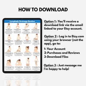 May include: A digital download guide on a tablet screen, detailing a lymphatic drainage routine with illustrations and instructions. The text includes "How to Download" and instructions for accessing the file via Etsy.