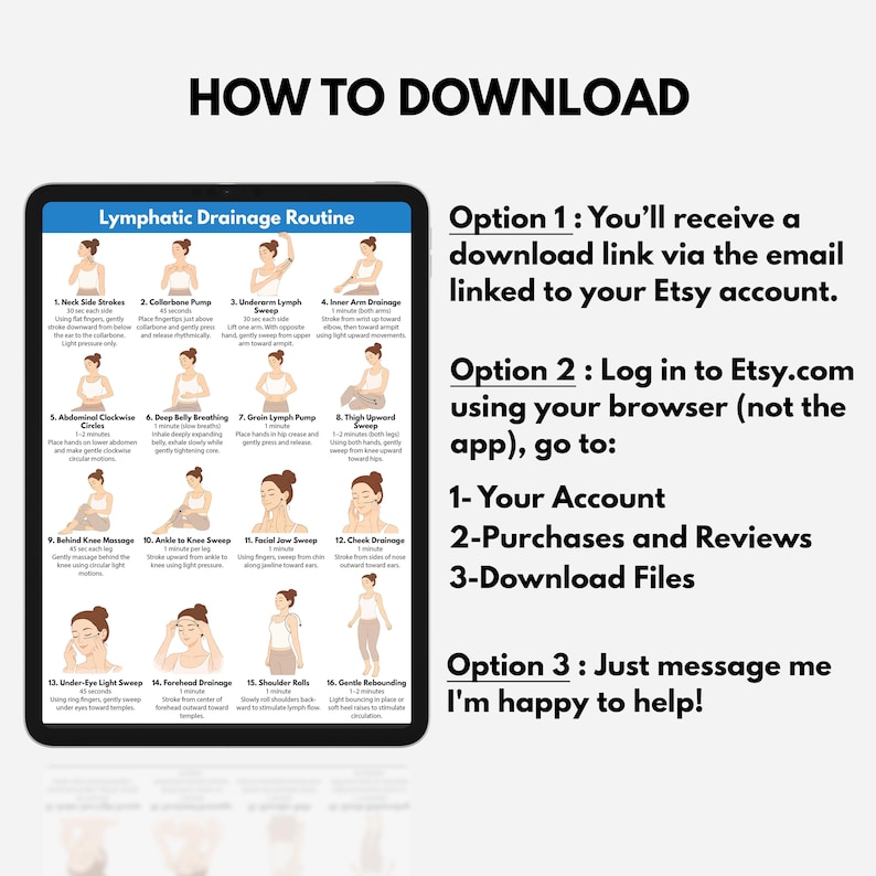 May include: A digital download guide on a tablet screen, detailing a lymphatic drainage routine with illustrations and instructions. The text includes "How to Download" and instructions for accessing the file via Etsy.