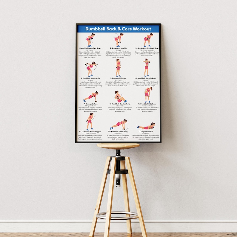 May include: A rectangular wall poster titled Dumbbell Back & Core Workout featuring twelve illustrated exercise steps with instructions. Each graphic shows a figure in pink athletic wear demonstrating movements like rows, deadlifts, and twists.