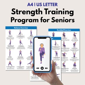 May include: A digital strength training program for seniors displayed on a smartphone screen, featuring a central animated figure performing a knee lift. Behind the phone are two printed charts titled Balance Exercises and Dumbbell Exercises.