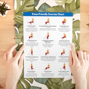 Pu&ograve; includere: Un grafico di esercizi stampato intitolato "Knee-Friendly Exercise Chart" con illustrazioni di esercizi. Il grafico include istruzioni per estensioni del ginocchio, piegamenti del ginocchio da seduti, marcia e altri esercizi. Il grafico &egrave; su sfondo bianco.