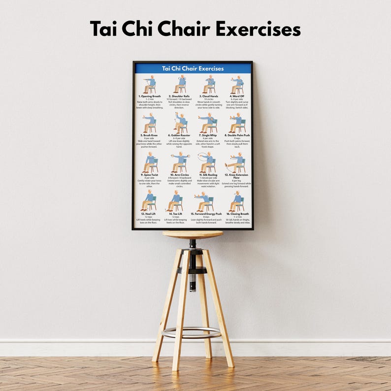 May include: A framed poster titled "Tai Chi Chair Exercises" displays illustrated instructions for various seated exercises. The poster is mounted on a wooden and metal adjustable stool. The background is a plain white wall.