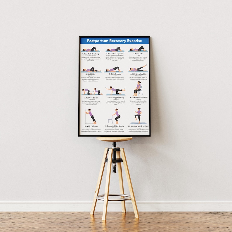 May include: A framed poster titled "Postpartum Recovery Exercise" displays illustrated exercises. The poster is black-framed and mounted on a wooden stool with a round seat. The exercises are numbered and feature stick figures demonstrating each movement.