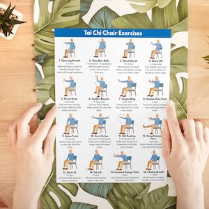 May include: A printed guide titled "Tai Chi Chair Exercises" featuring illustrated instructions for various exercises. The guide includes numbered steps with accompanying diagrams and descriptions, promoting gentle movements and relaxation techniques. The guide is on a wooden surface.