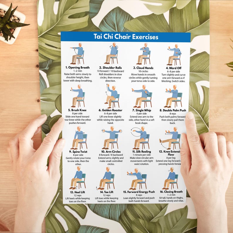 May include: A printed guide titled "Tai Chi Chair Exercises" featuring illustrated instructions for various exercises. The guide includes numbered steps with accompanying diagrams and descriptions, promoting gentle movements and relaxation techniques. The guide is on a wooden surface.