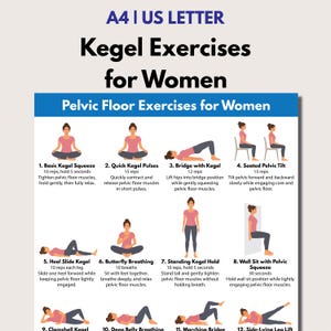 May include: A poster titled "Kegel Exercises for Women" with illustrations demonstrating various pelvic floor exercises. The exercises include Basic Kegel Squeeze, Quick Kegel Pulses, Bridge with Kegel, and Seated Pelvic Tilt, among others.
