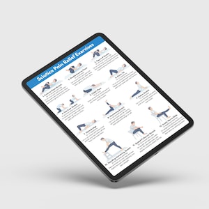 K&ouml;nnte beinhalten: Ein schwarzes Tablet mit einer blau-wei&szlig;en Infografik mit dem Titel "Sciatica Pain Relief Exercises". Die Infografik zeigt 12 &Uuml;bungen mit Text. Das Tablet ist abgewinkelt und zeigt den Bildschirm und einen schwarzen Rand.