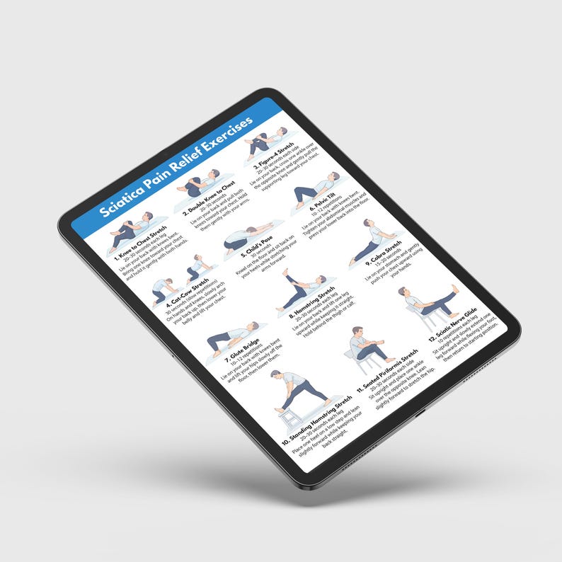 K&ouml;nnte beinhalten: Ein schwarzes Tablet mit einer blau-wei&szlig;en Infografik mit dem Titel "Sciatica Pain Relief Exercises". Die Infografik zeigt 12 &Uuml;bungen mit Text. Das Tablet ist abgewinkelt und zeigt den Bildschirm und einen schwarzen Rand.
