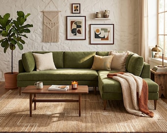Green Chenille Velvet Sectional Sofa, 117 Inch Bumper Chaise Couch, Modern Living Room Sectional with Deep Seats and Walnut Legs