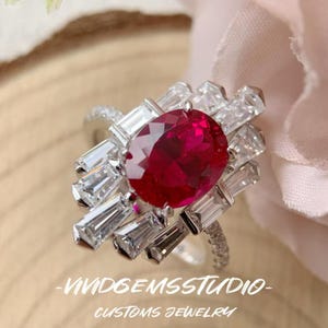 3ct Oval Lab-Grown Ruby Radiant Ring, D Color Baguette Moissanite, Art Deco Crown Engagement Ring