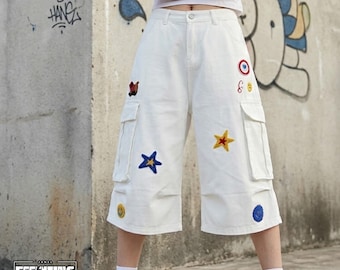 Pantaloncini a gamba larga / Pantaloni oversize con toppa a stella / Abbigliamento quotidiano / Stile streetwear Y2K