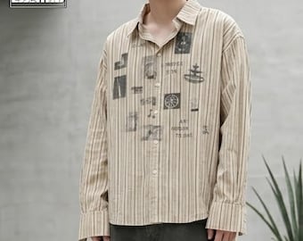 Camicia a righe stampate / Top a maniche lunghe con bottoni / Abbigliamento casual / Stile streetwear anni 2000