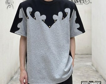 Camicia oversize patchwork / Top a maniche corte con inserti / Abbigliamento quotidiano / Stile streetwear anni 2000