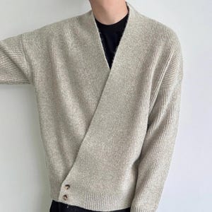 V Neck Robe Sweater | Loose Button Cardigan Jacket | Daily Wear | Minimal Streetwear Style

V neck cardigan top with cross front button design paired with relaxed pants for minimal streetwear look