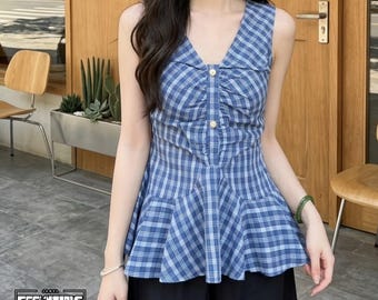 Camicia peplo a quadri / Top a fascia aderente / Abbigliamento quotidiano / Stile soft girl